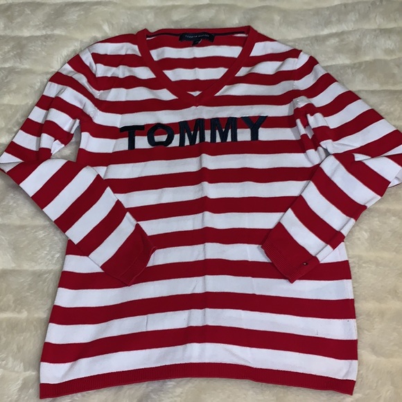 Tommy Hilfiger red white Striped v neck pullover sweater tunic S - Picture 12 of 14